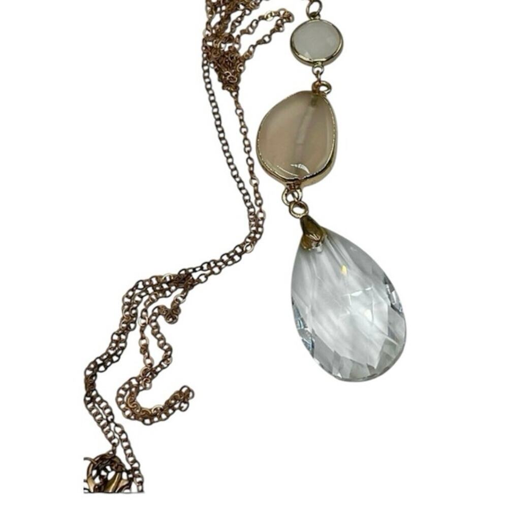 Jane Marie Long Rose‎ Gold Tone Teardrop faceted rhinestone Pink Stone Necklace